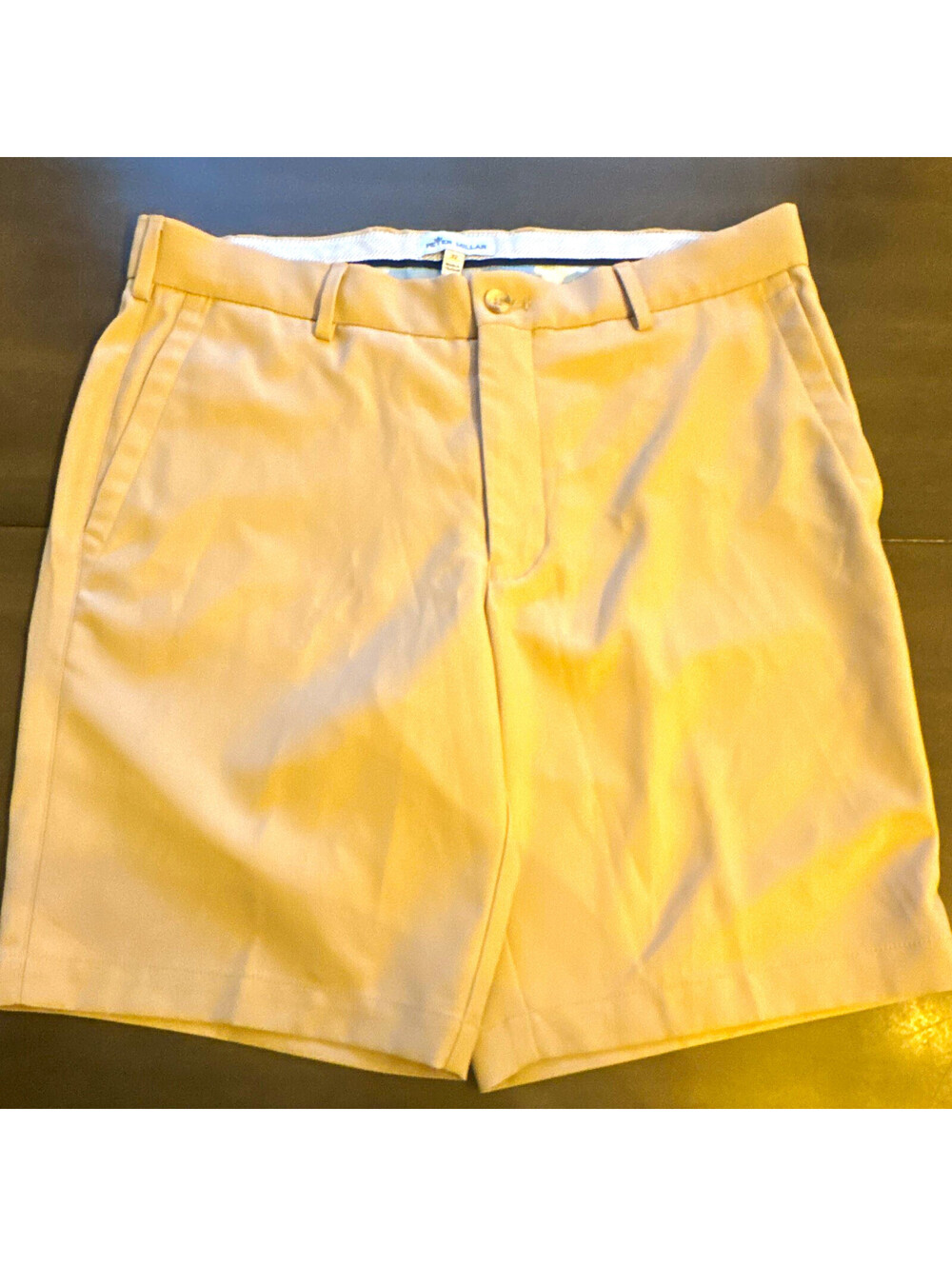 Peter Millar Men's Beige Golf Shorts 32 Flat Front Twill Polyester Pockets
